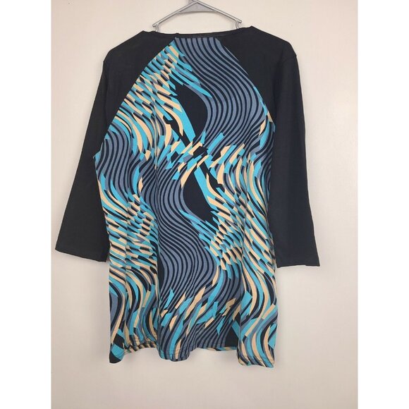 Juno Active Womens Tunic Top Size XL Black Blue Abstract Art 3/4 Sleeve Stretch - Picture 3 of 6